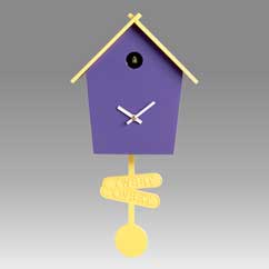 Contemporary cuckoo clock Art.tweet 2603 lacquered with acrilic color violet with roof and pendulum yellow lemon